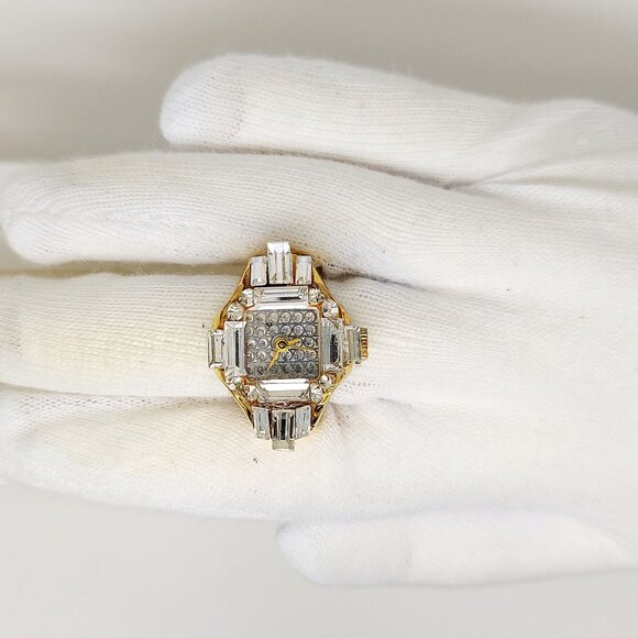 Vintage (crystal face) iced out gold tone ring watch by migi (Unsigned) works - Picture 3 of 5